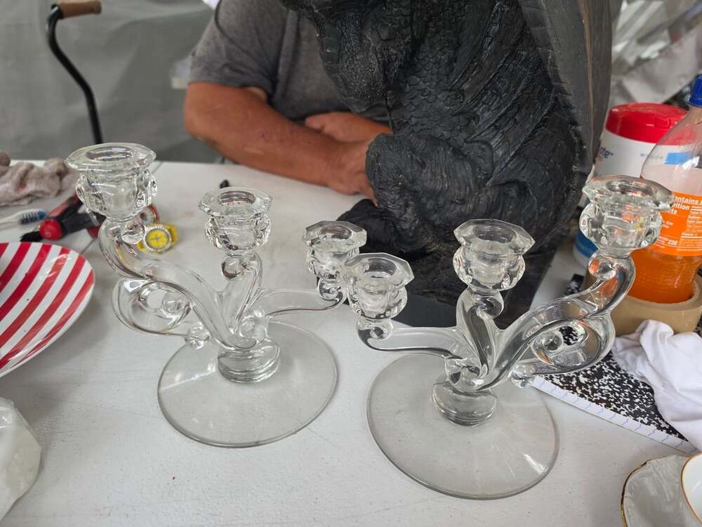 Vintage Clear Glass Triple Light Candelabra Pair